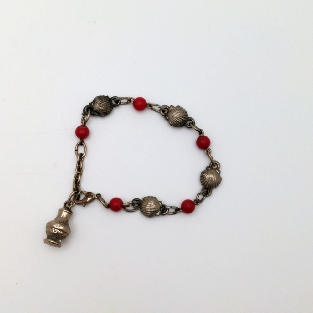 Vintage Coral Bead & Silver Charm Bracelet